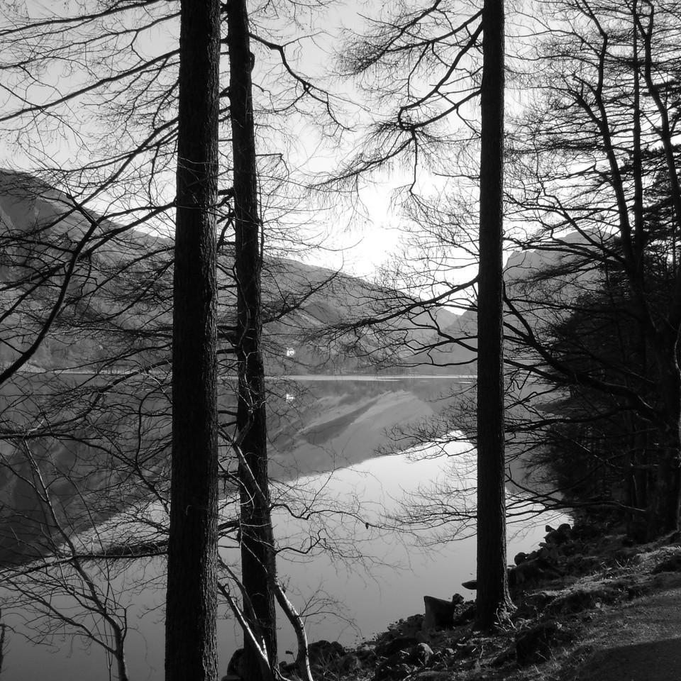 Black and white photo of a lake